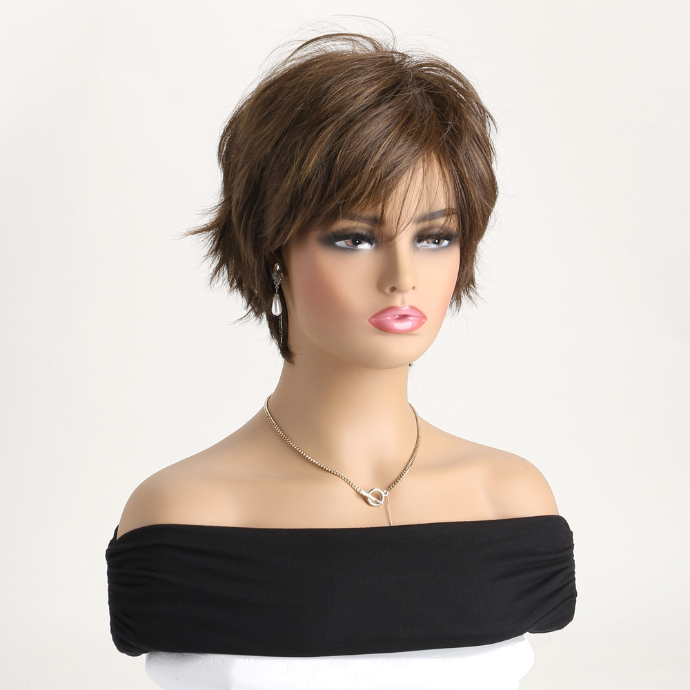A synthetic wig featuring brown short micro curly hair, designed as a stylish head cover for women's fashion