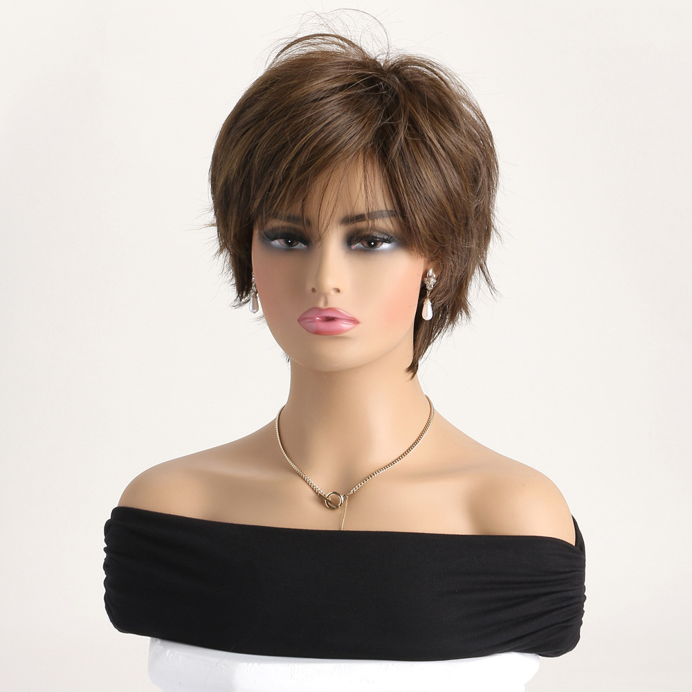 A women's fashion synthetic wig with brown short micro curly hair, designed as a stylish head cover option