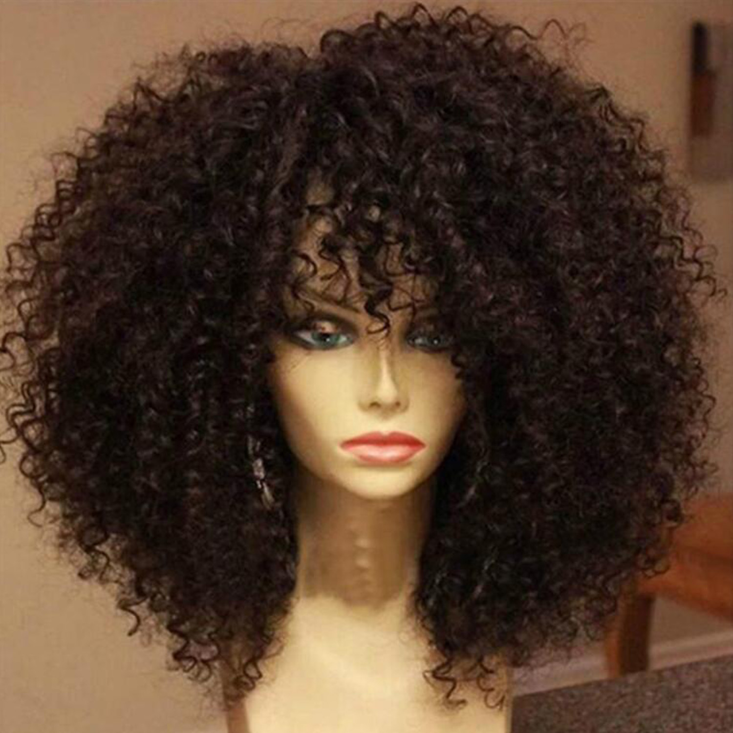 Fluffy explosive head wig in afro style with small curly hair, part of a fashionable black synthetic wig