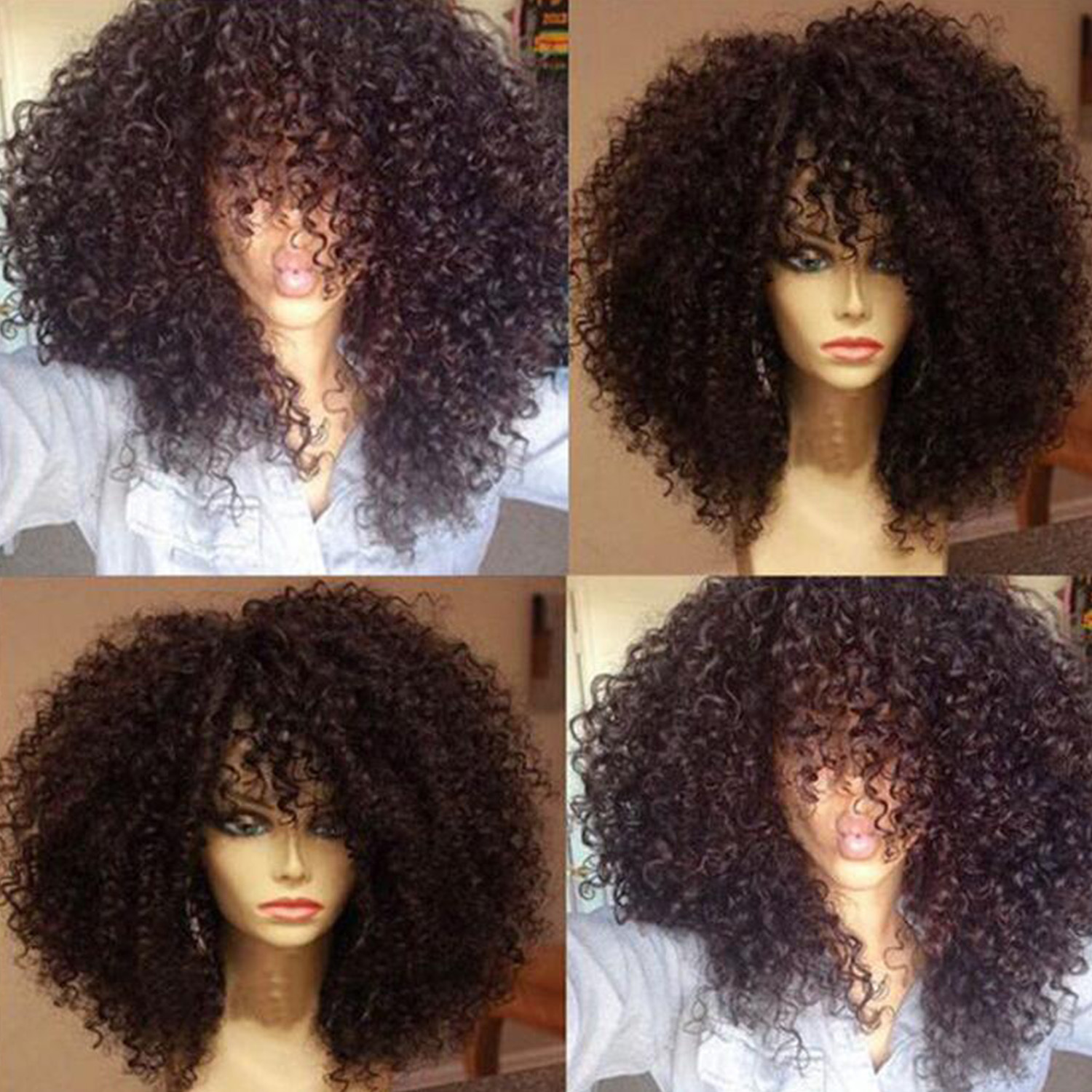 Fashionable black synthetic wig with small curly hair, styled in a fluffy explosive head wig afro style