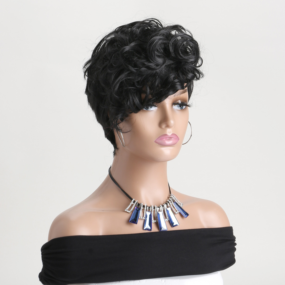 Chic black synthetic wig with short curly hair, designed with afro small curly wig headgear