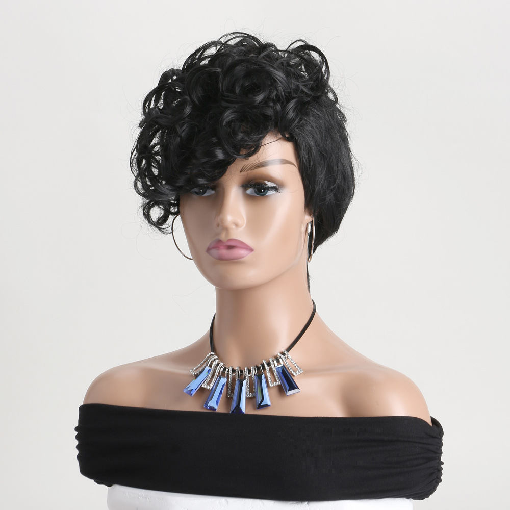 Synthetic wig with short curly hair in black, includes afro small curly wig headgear