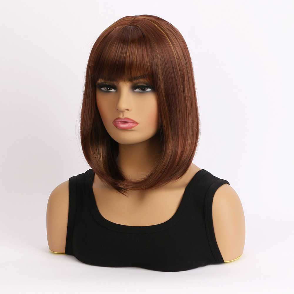 A synthetic wig in radish brown with medium-length straight hair and multicolor bangs