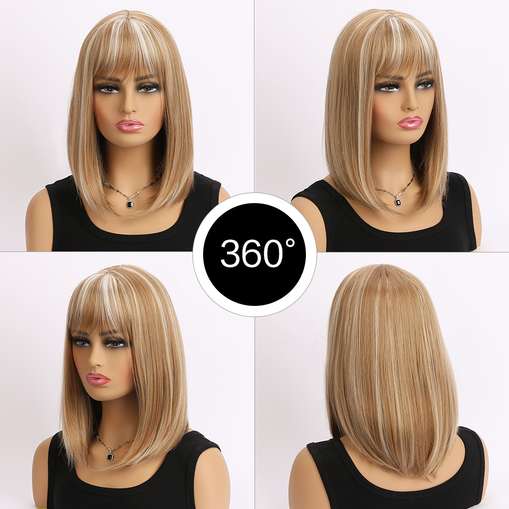 A radish brown synthetic wig with medium-length straight hair, featuring multicolor bangs.