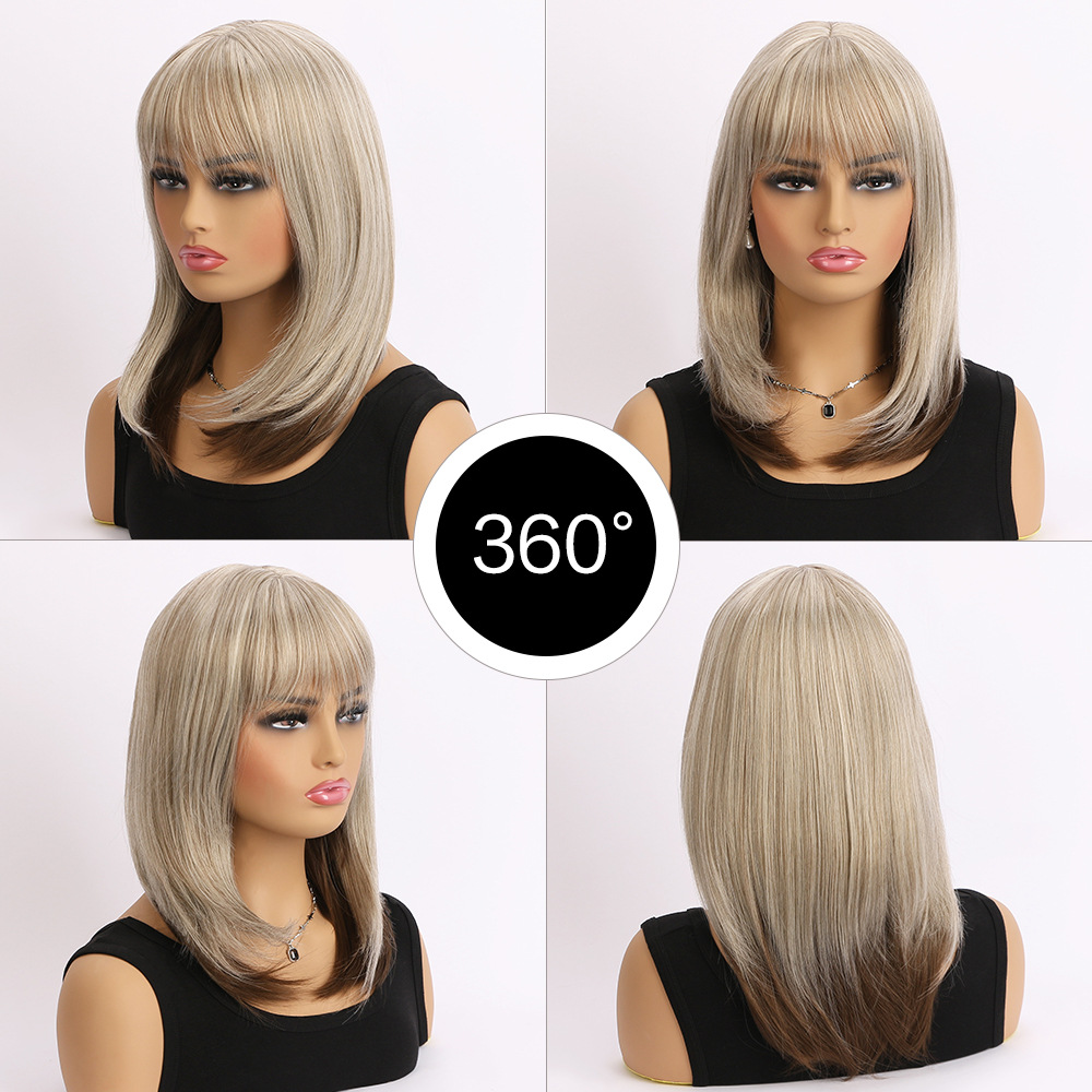 Radish brown synthetic wig with medium-length straight hair and multicolor bangs