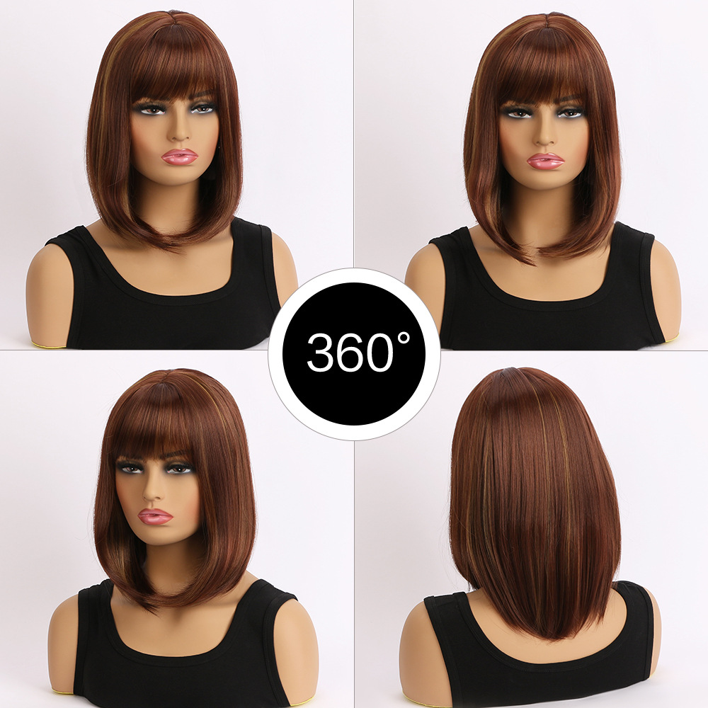 Image of a synthetic wig with medium-length straight radish brown hair and multicolor bangs