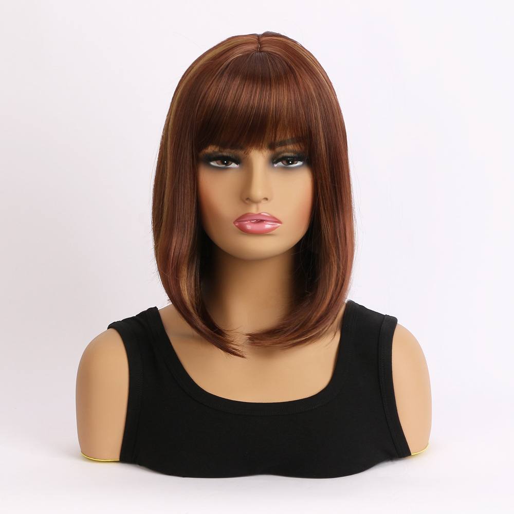 Image of a synthetic wig with medium-length straight hair in radish brown color, featuring multicolor bangs
