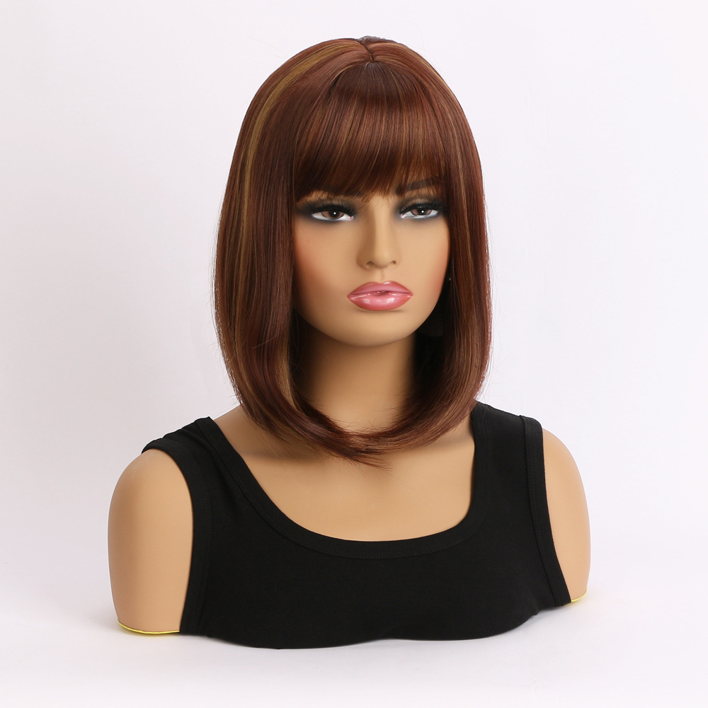 Stylish synthetic wig in radish brown with medium-length straight hair and multicolor bangs