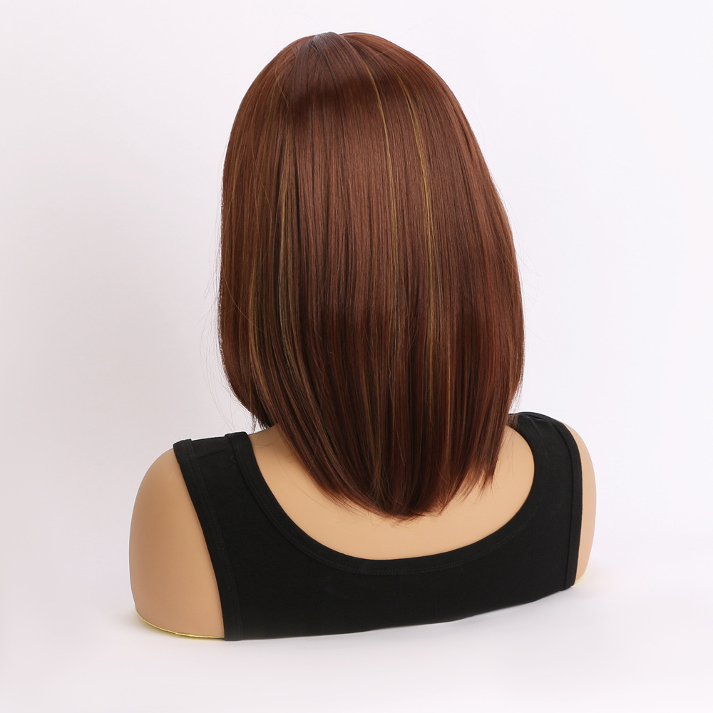 A synthetic wig in radish brown with medium-length straight hair, styled with multicolor bangs