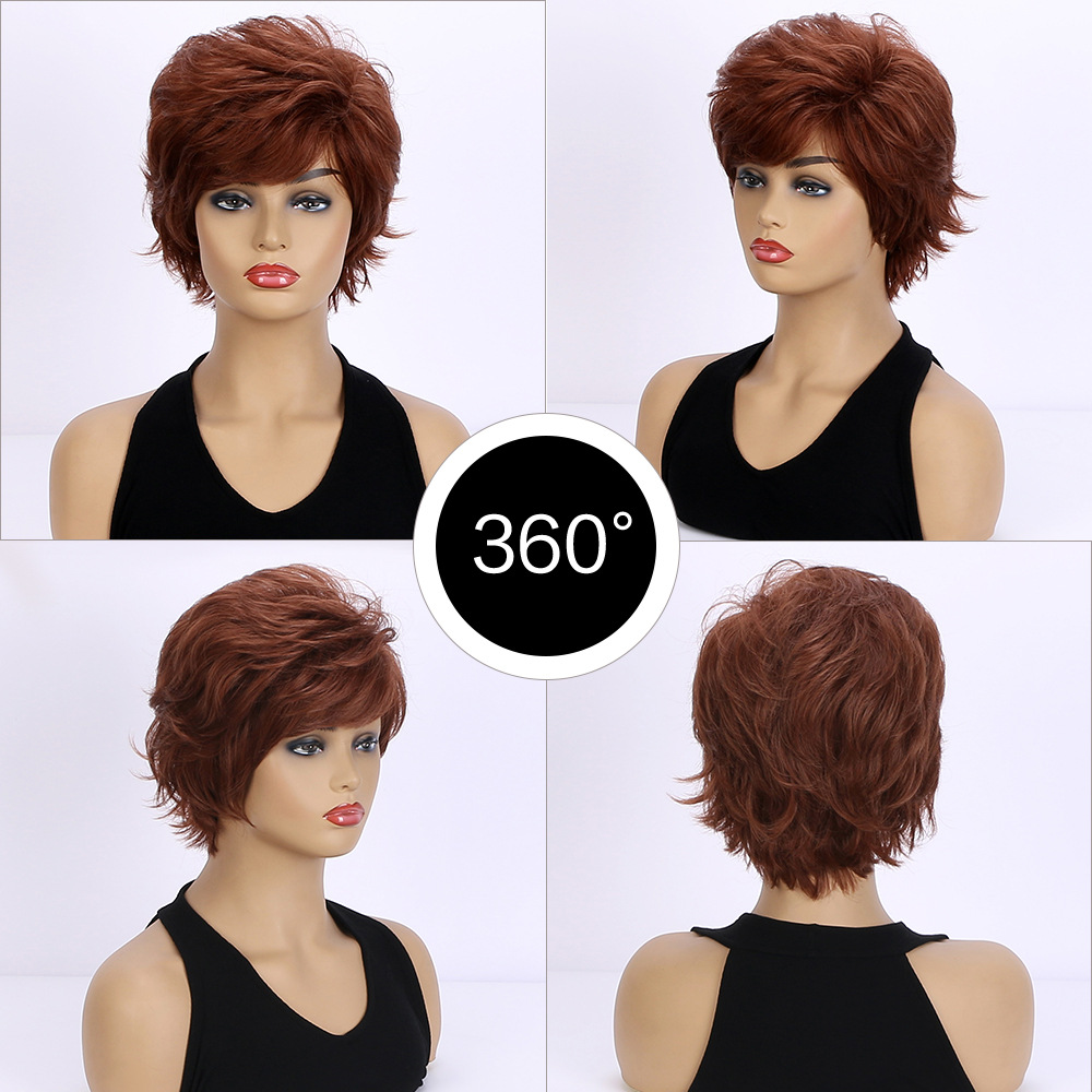 Fashionable brown synthetic wig designed for women, featuring realistic diagonal bangs with short fluffy curly hair