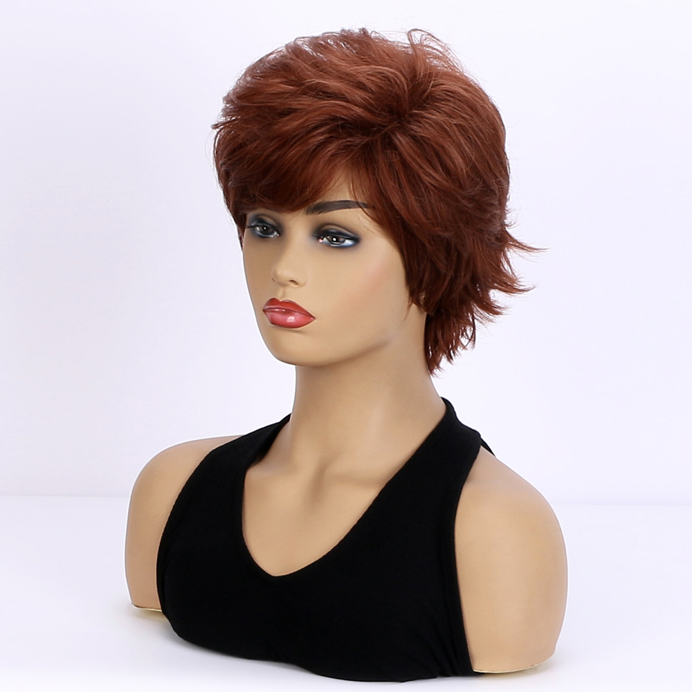 Chic brown synthetic wig with realistic diagonal bangs and short fluffy curly hair, designed for women