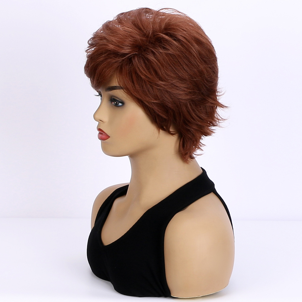 Women's wig in brown synthetic hair with realistic diagonal bangs and short fluffy curly hair, a classic choice