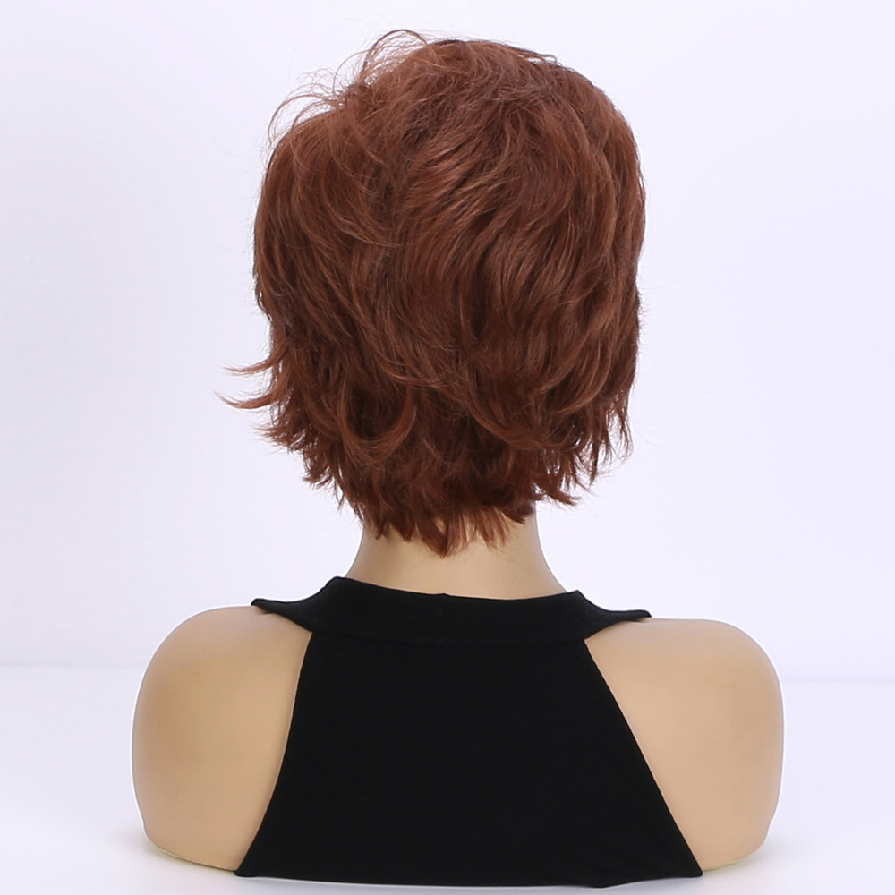 Stylish brown synthetic wig featuring realistic diagonal bangs with short fluffy curly hair