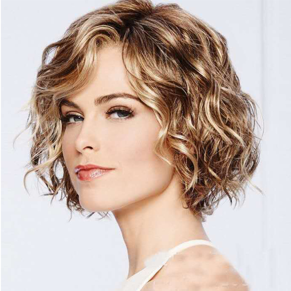 A wig with a blend of light blonde and brown hues, designed as a fluffy short curly synthetic wig with diagonal bangs