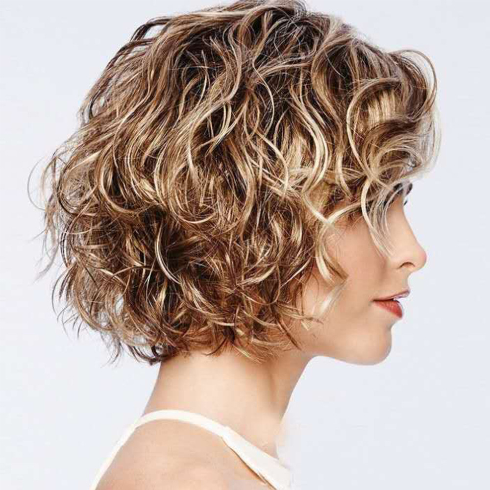 A stylish fluffy short curly synthetic wig featuring a mix of light blonde and brown tones, styled with diagonal bangs