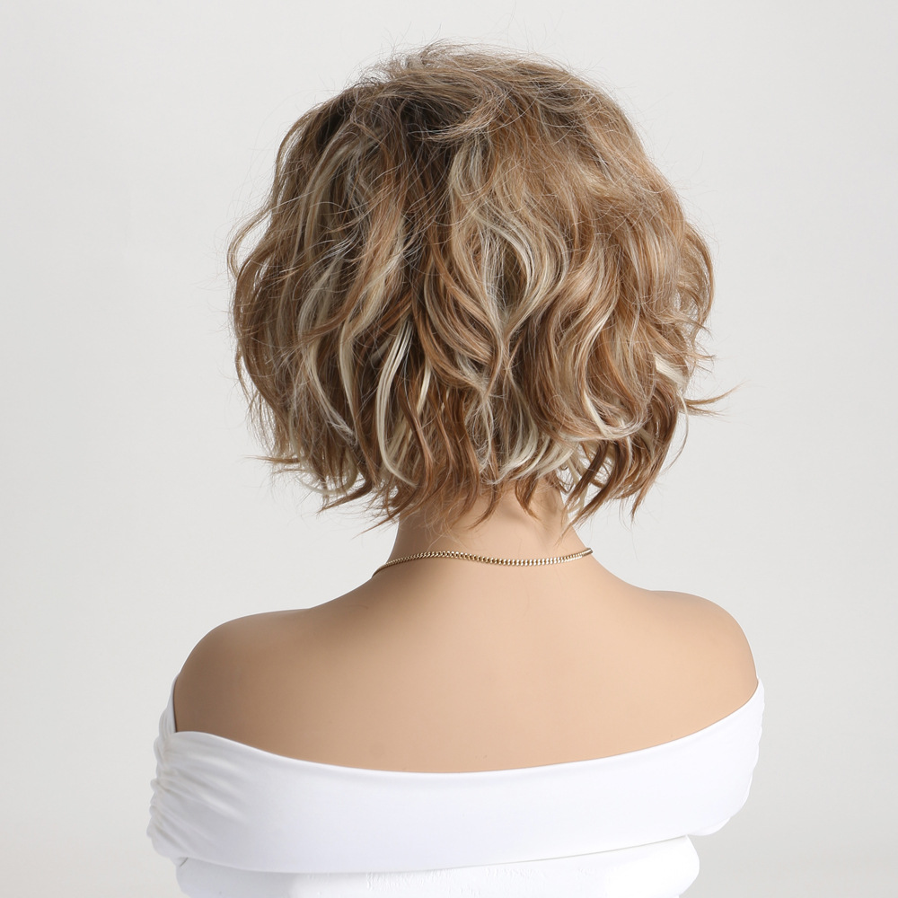 Radiate effortless elegance with this fluffy short curly synthetic wig, styled in light blonde and brown tones with diagonal bangs