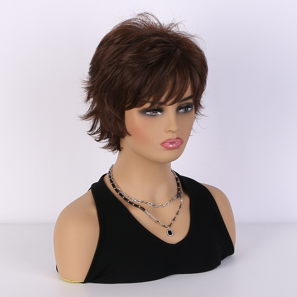 Image of a synthetic wig designed for women's fashion, featuring realistic dark brown short curly hair, perfect as headgear