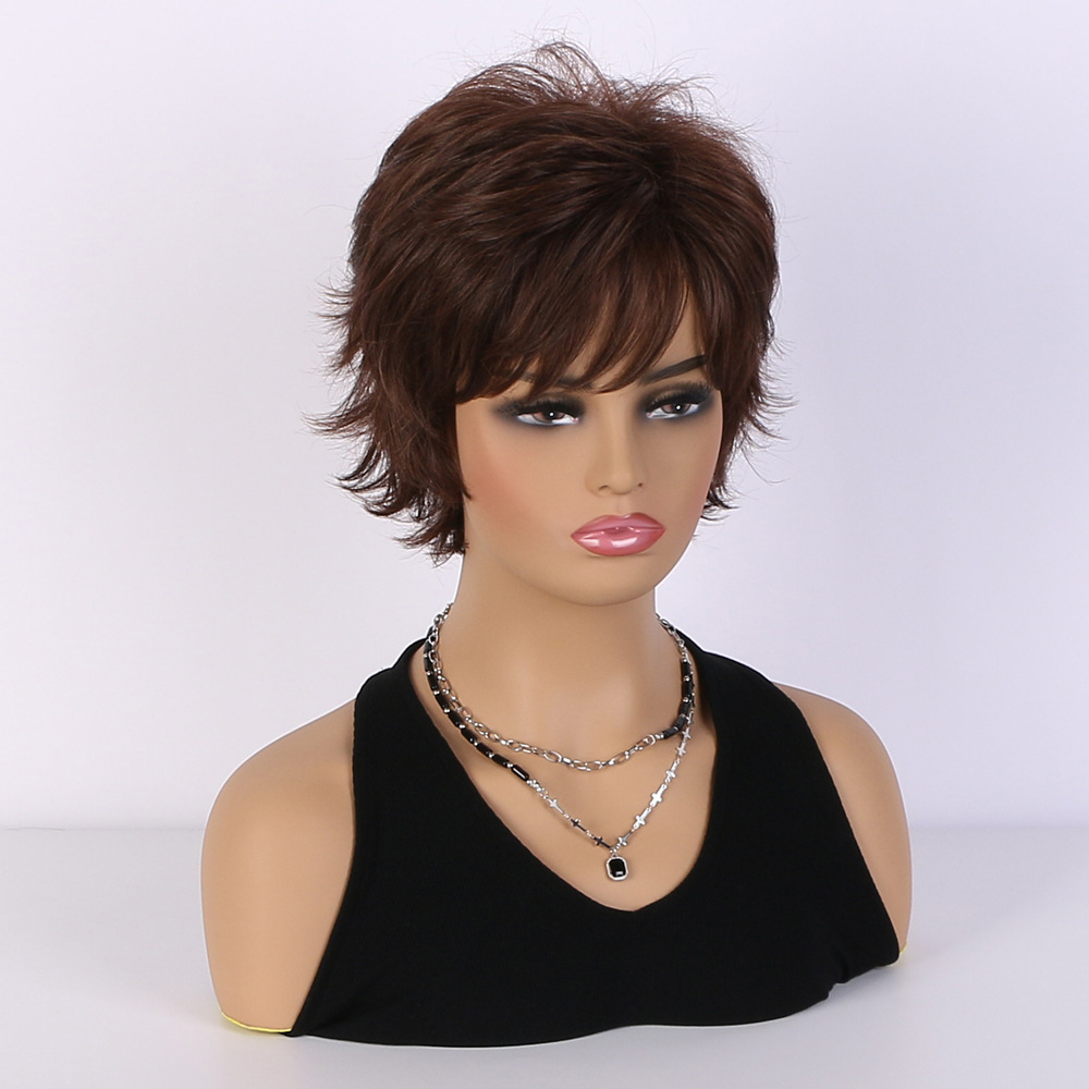 A fashionable synthetic wig designed for women, showcasing realistic natural dark brown short curly hair, ideal as headgear