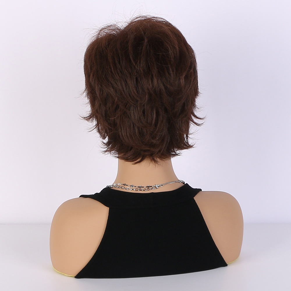 mage of a synthetic wig designed for women's fashion, featuring realistic natural dark brown short curly hair, suitable as headgear