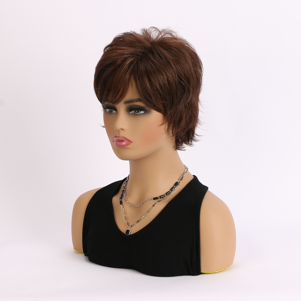 A stylish headgear option for women's fashion, this synthetic wig features realistic natural dark brown short curly hair