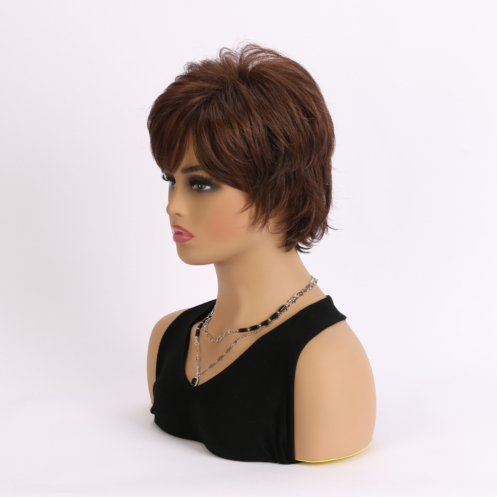A stylish women's fashion accessory, this synthetic wig features natural dark brown short curly hair, perfect for various looks