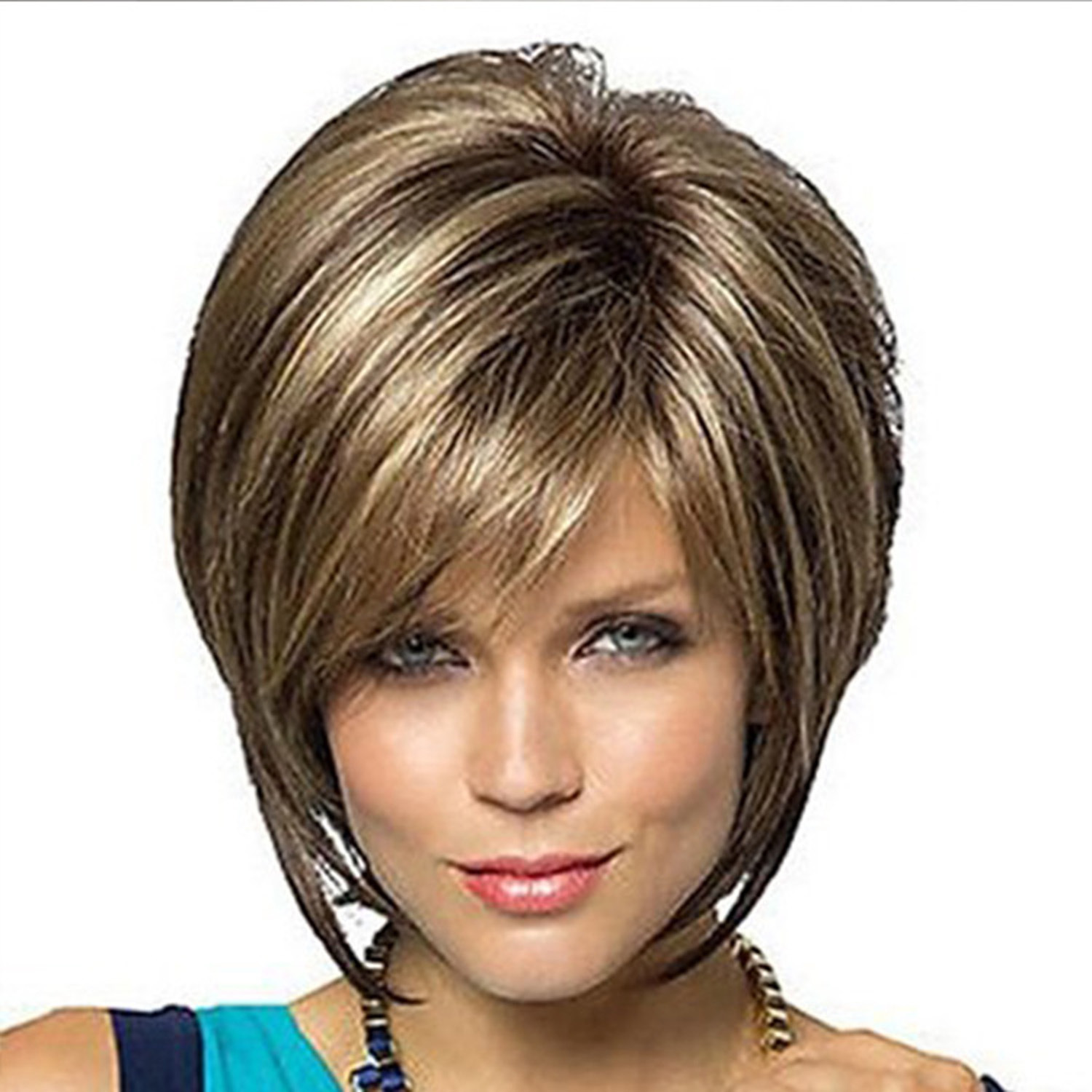 A synthetic wig featuring short straight hair with bangs, styled in vibrant mixed colors