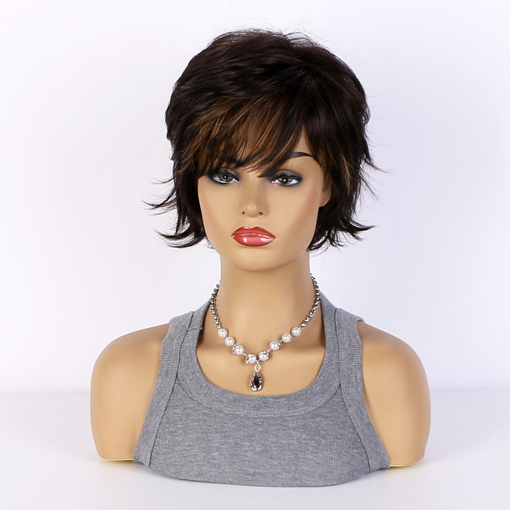 A synthetic wig with mixed color, featuring short straight hair and bangs