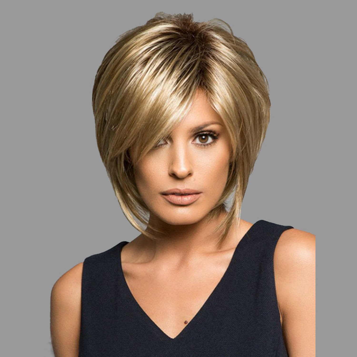 A synthetic wig styled with bangs, featuring mixed color short straight hair