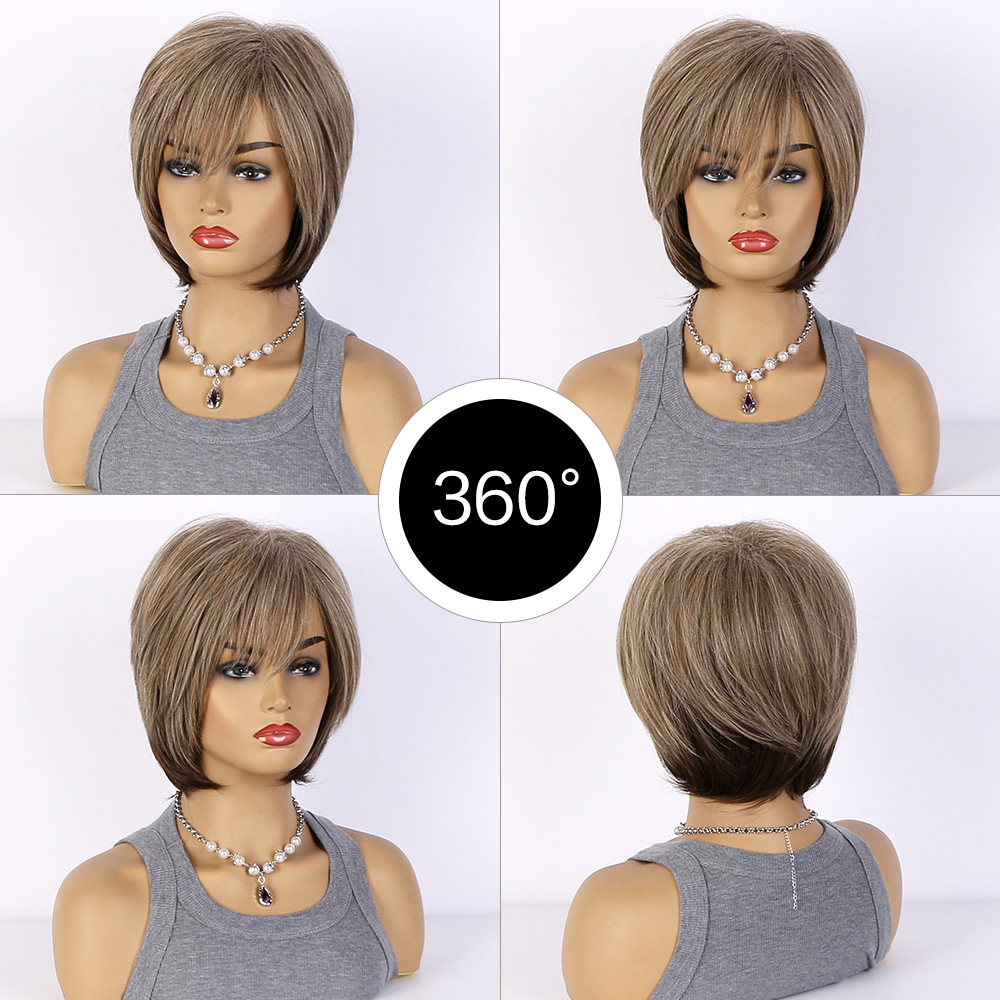 A synthetic wig featuring mixed color short straight hair and bangs