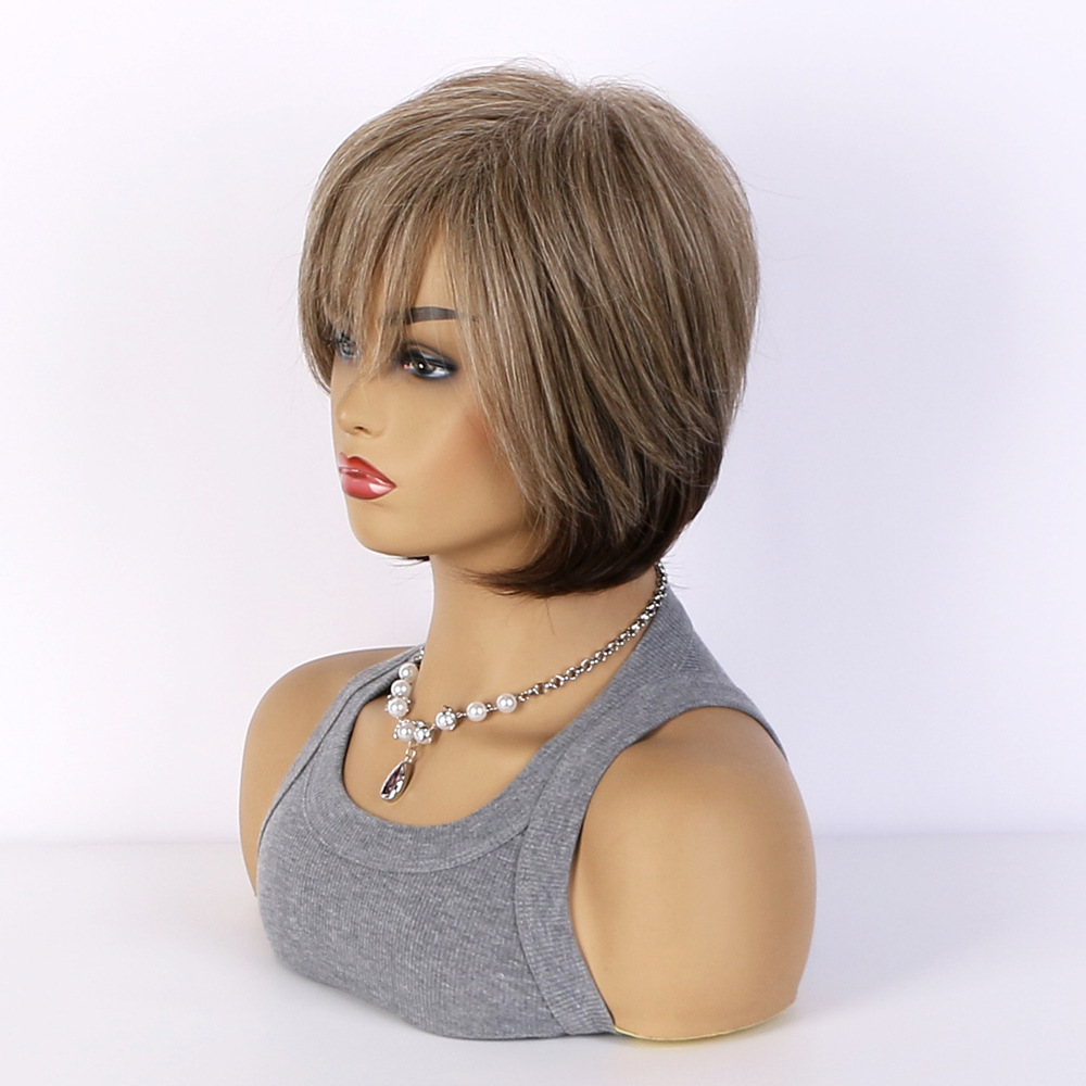 A wig with mixed color short straight synthetic hair, styled with bangs
