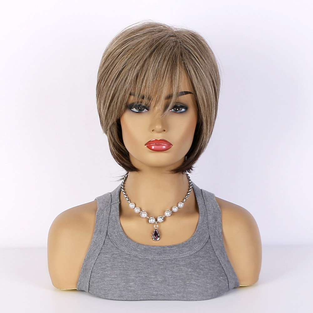 A synthetic wig with short straight hair, featuring a mixed color and bangs