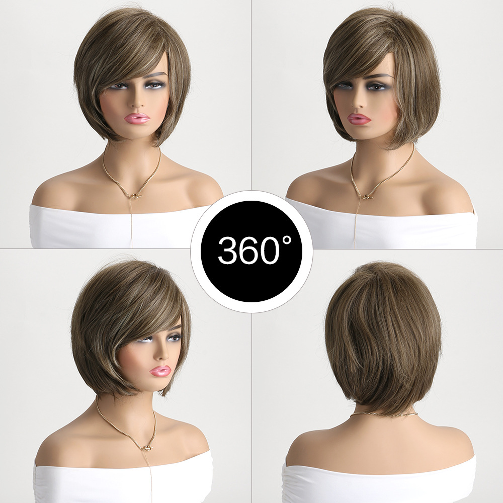 A trendy synthetic wig in light brown with short curly hair styled with diagonal bangs