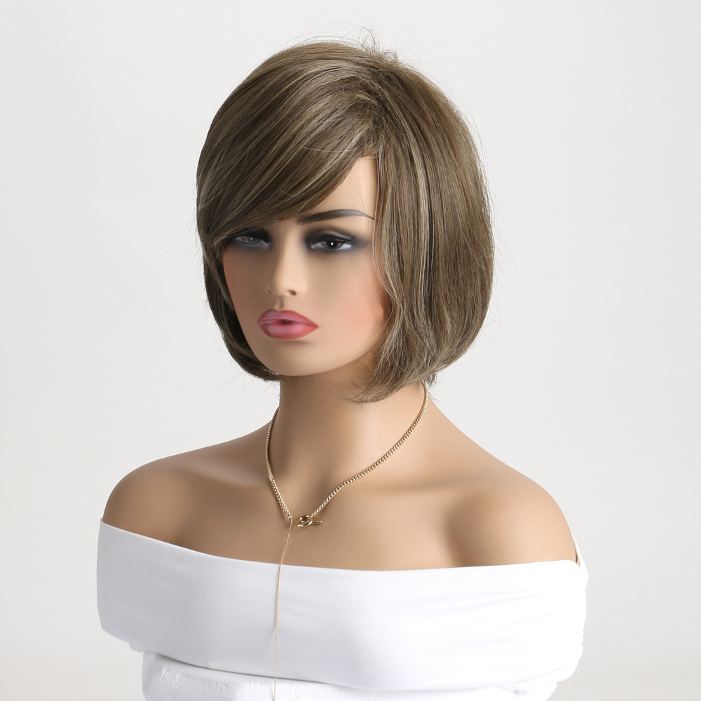 A chic synthetic wig featuring light brown short curly hair and diagonal bangs