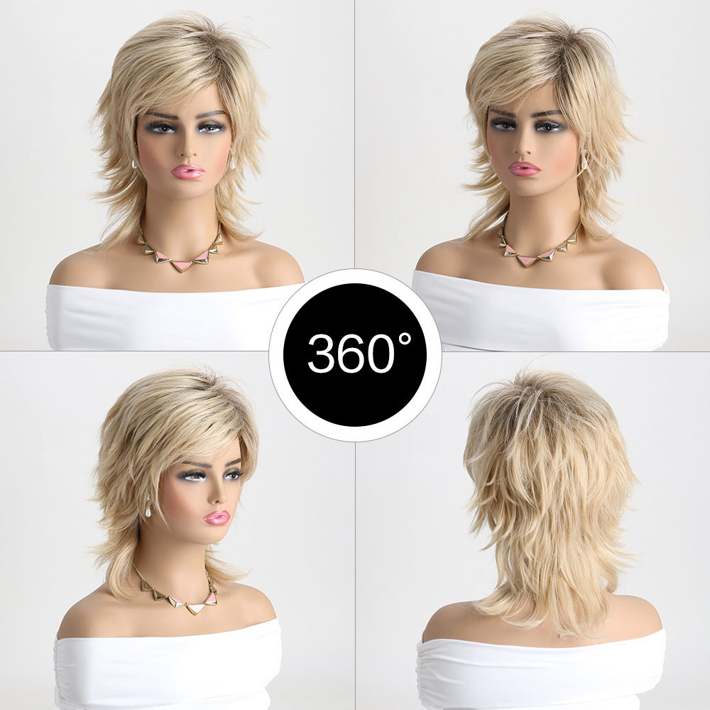 A synthetic wig with light blonde short straight fluffy hair, designed for women and includes headgear