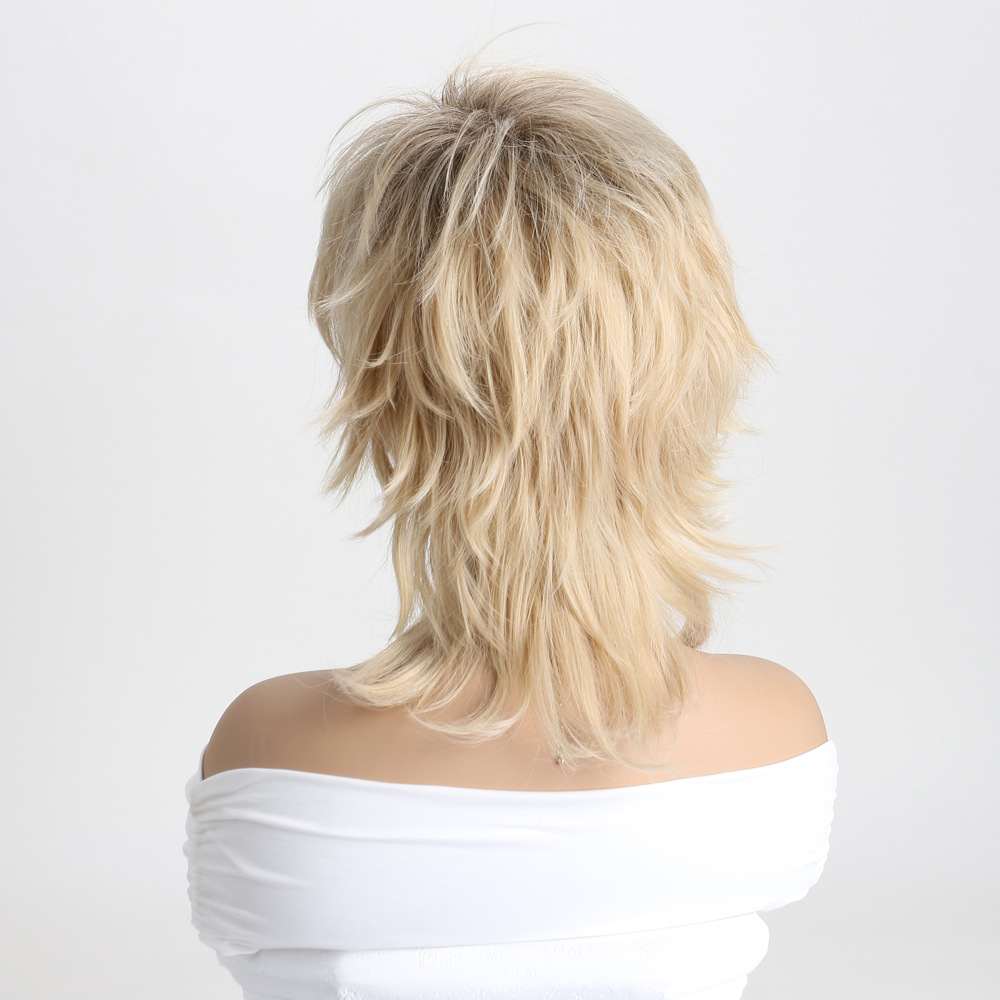 A light blonde synthetic wig with short straight fluffy hair, headgear included for convenient wear