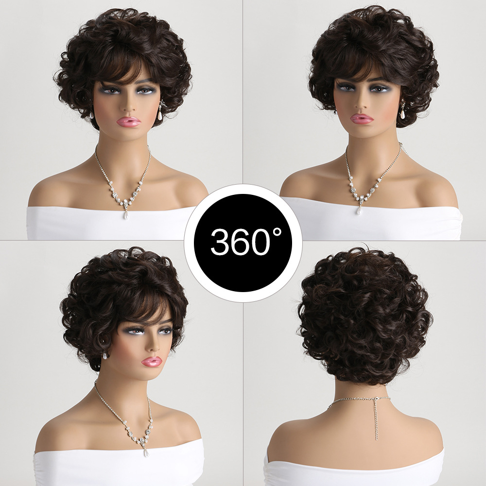 Stylish dark brown synthetic wig featuring short curly hair with headgear