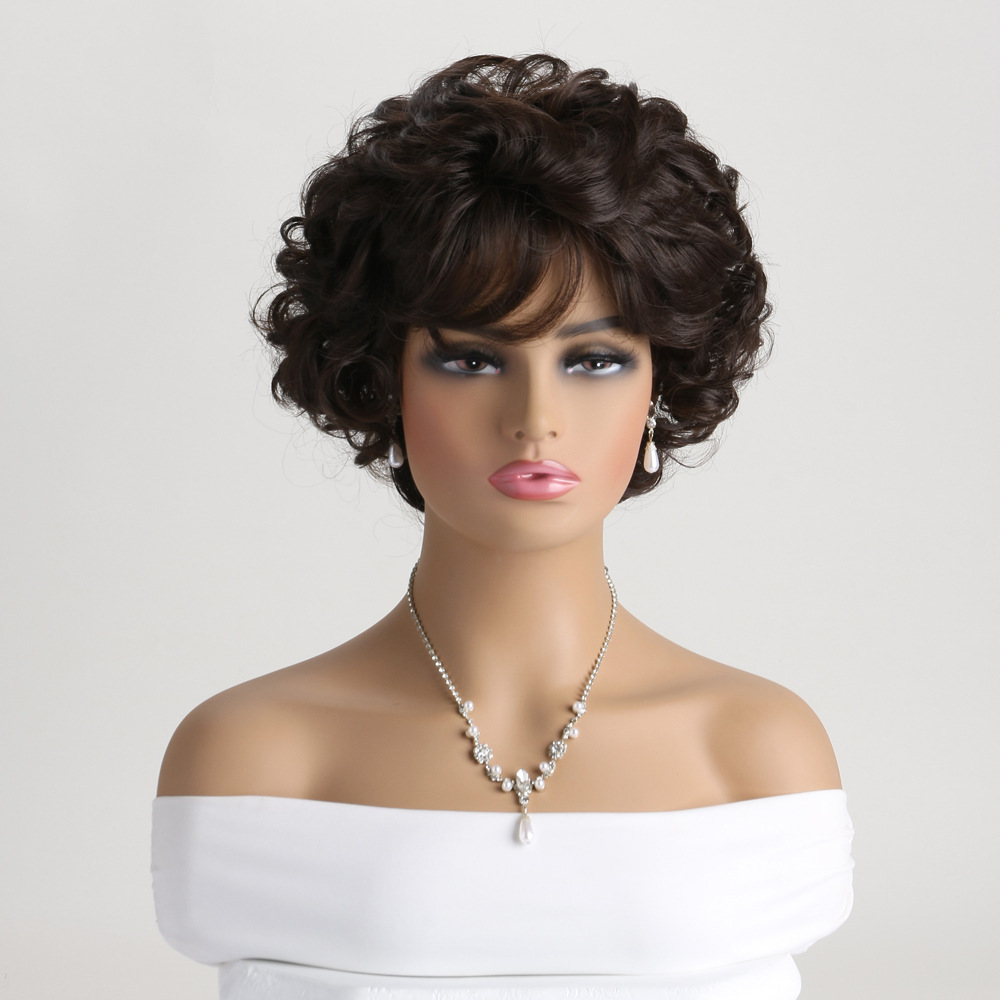 Stylish dark brown synthetic wig featuring short curly hair with headgear