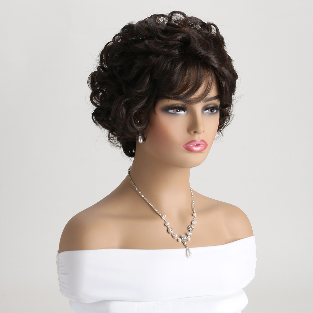 Fashionable dark brown synthetic wig with short curly hair and headgear, perfect for women