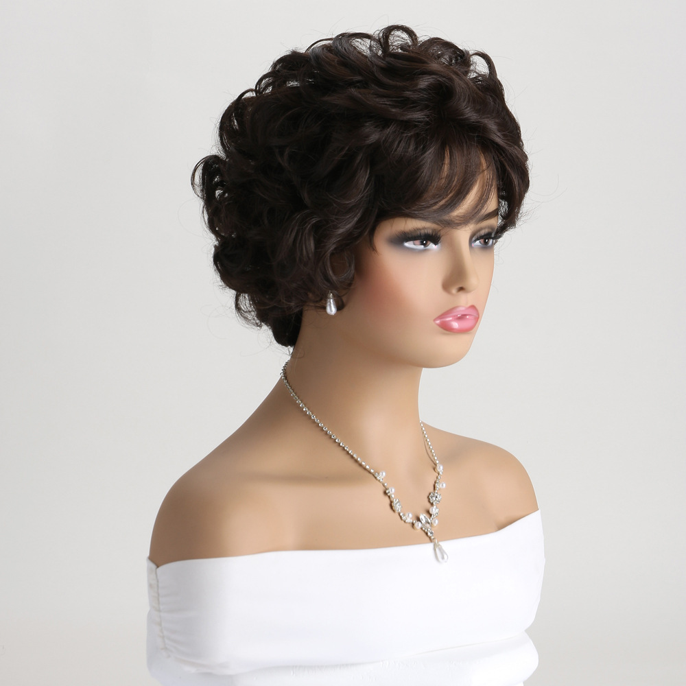 Chic dark brown synthetic wig with short curly hair and headgear, designed for a stylish look