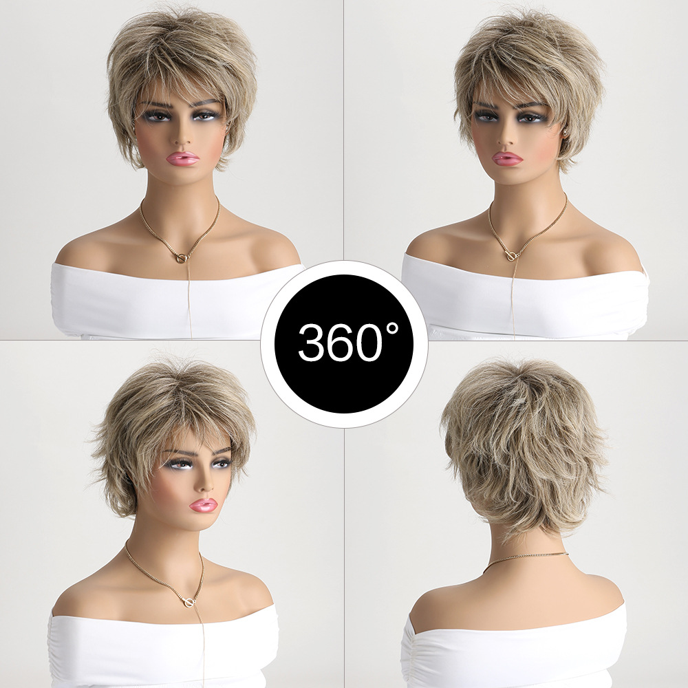 A fashionable small curly wig with headgear, showcasing light blonde short curly synthetic hair