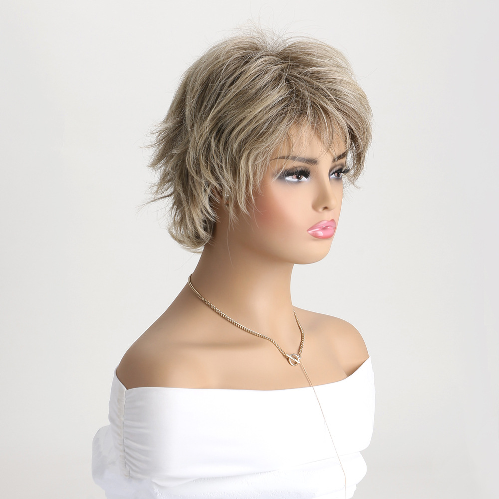 A stylish small curly wig with headgear, displaying light blonde short curly synthetic hair.