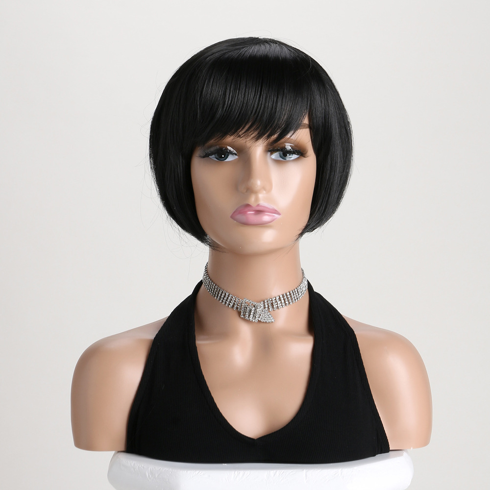 Stylish black bob synthetic wig featuring short straight hair with diagonal bangs