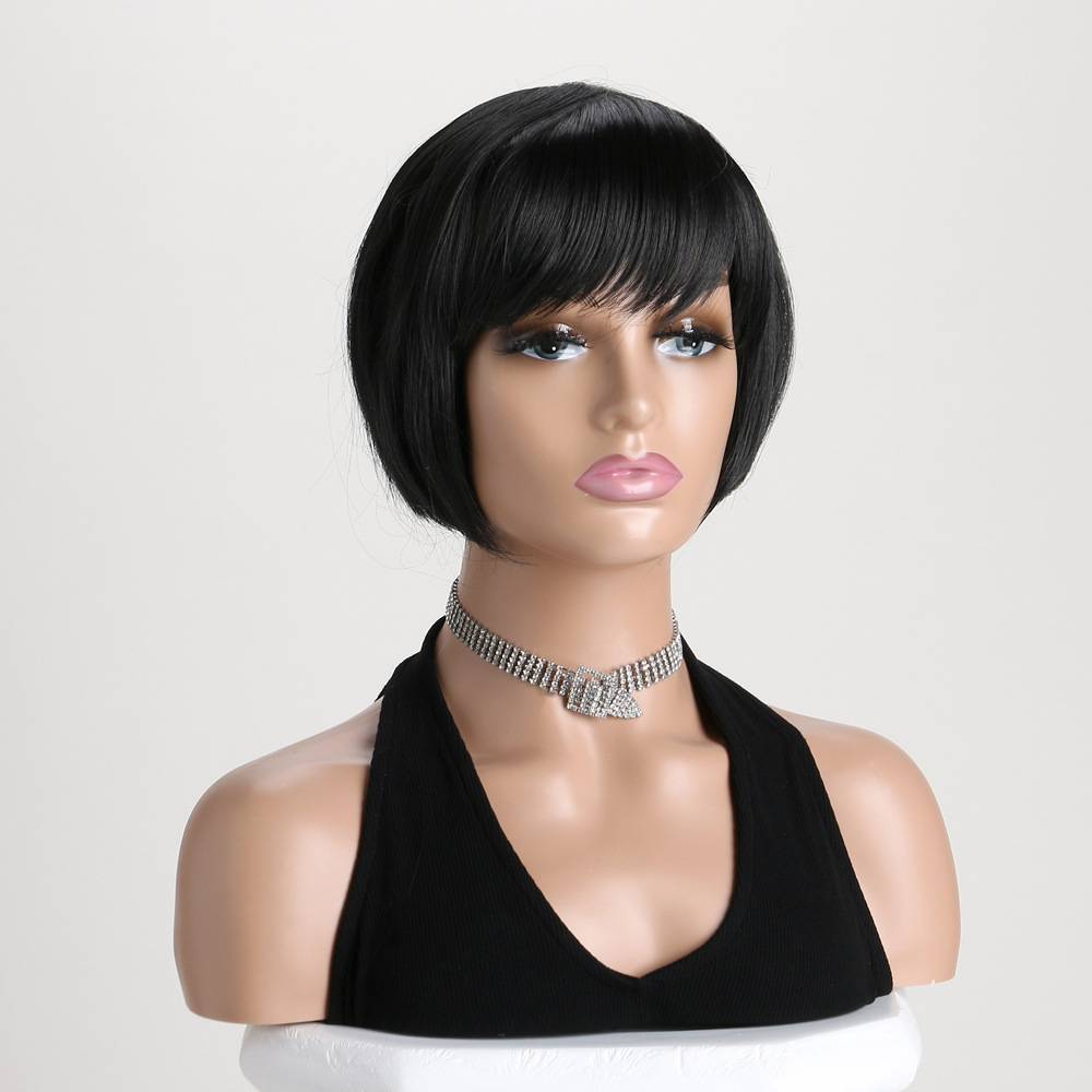 Fashionable short black bob wig with straight hair styled in diagonal bangs