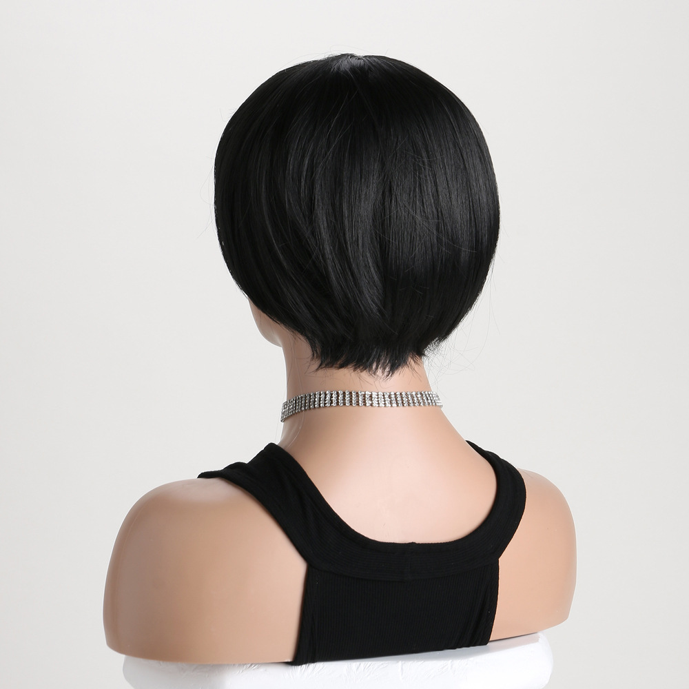 Trendy black bob wig featuring diagonal bangs and short straight hair