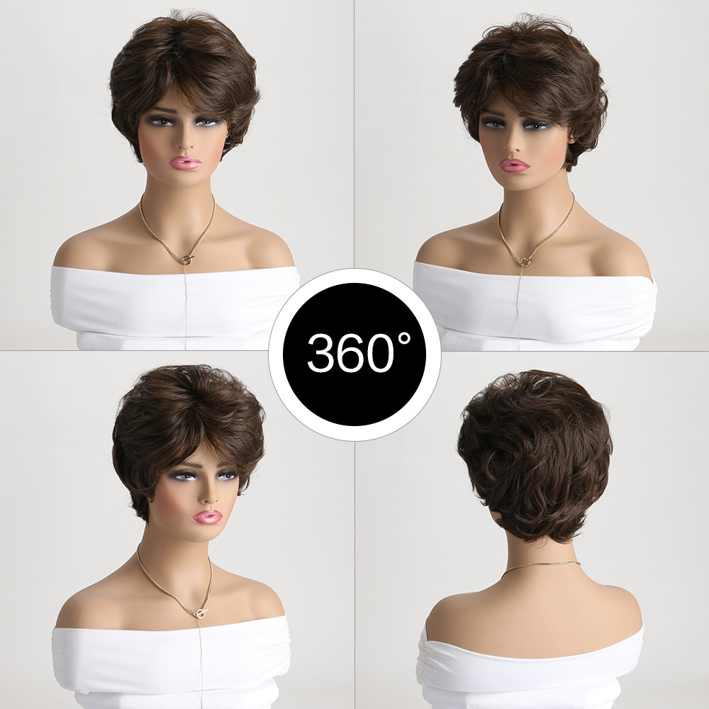 Stylish brown synthetic wig featuring short curly hair with mid part and small curly wig headgear