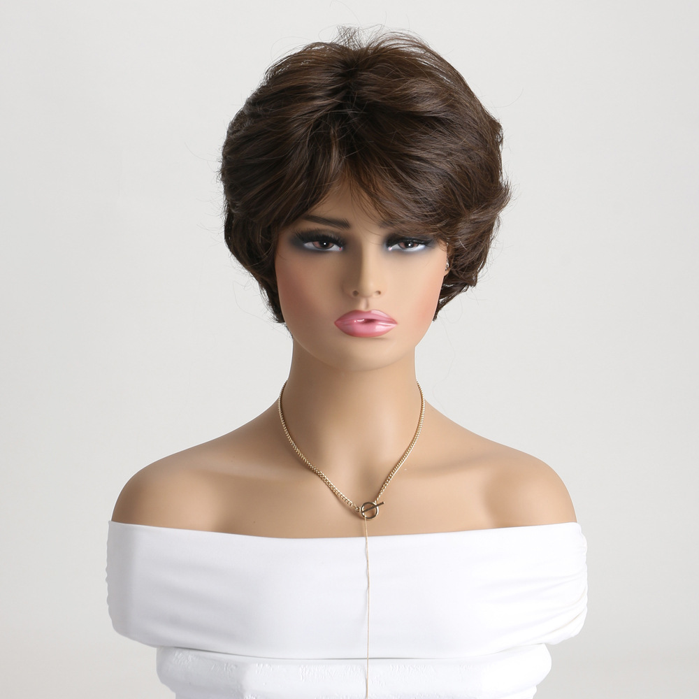 Stylish brown synthetic wig featuring short curly hair with mid part and small curly wig headgea