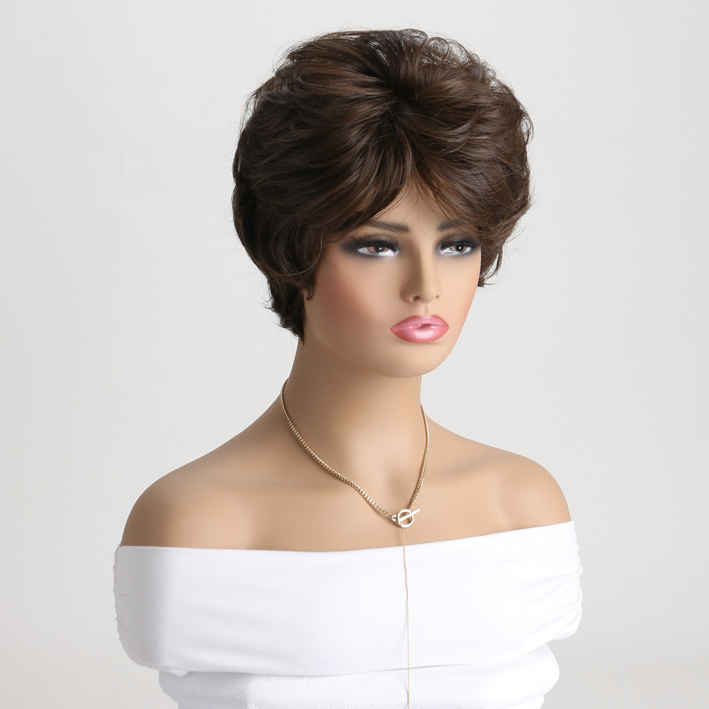 Fashionable brown synthetic wig with short curly hair and small curly wig headgear, perfect for women