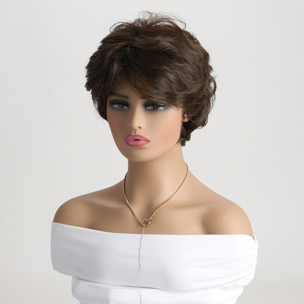 Women's wig in brown synthetic hair with short curly hair and small curly wig headgear, a classic choice
