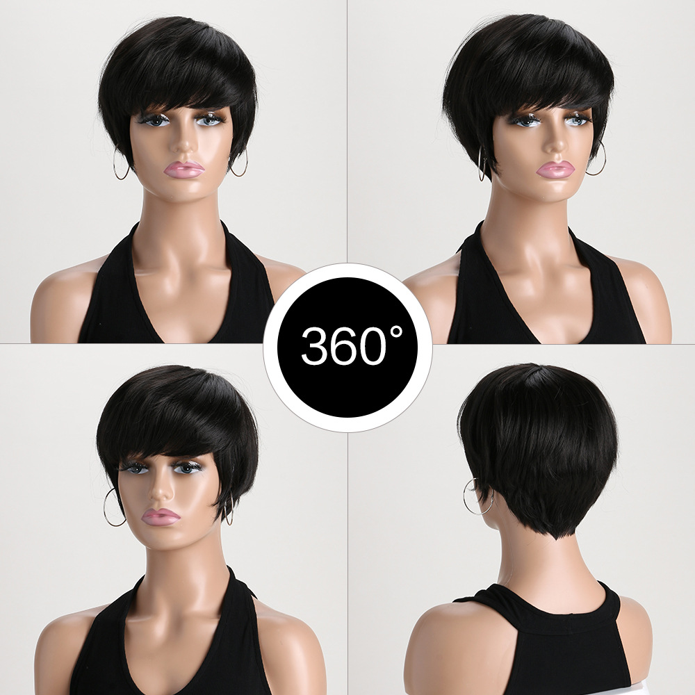 Synthetic wig with headgear, featuring short straight hair in a black bob style with diagonal bangs