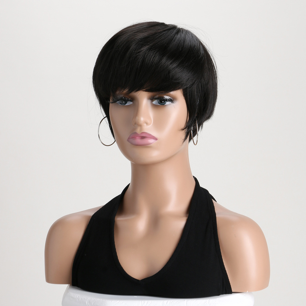 Stylish black bob synthetic wig with headgear, featuring short straight hair and diagonal bangs
